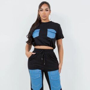 Women' Fashion 2 Pieces Denim Stitching shirt Joggers Pants - Daily Wear (Black)